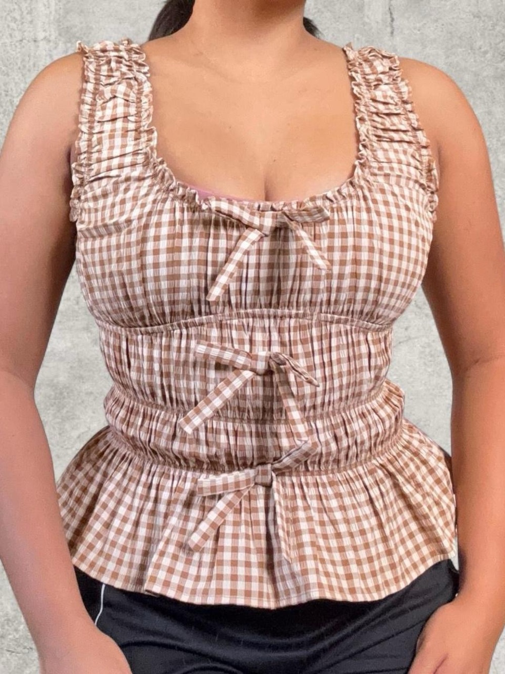 Elodie Brown Gingham Smocked Tie-Front Tank